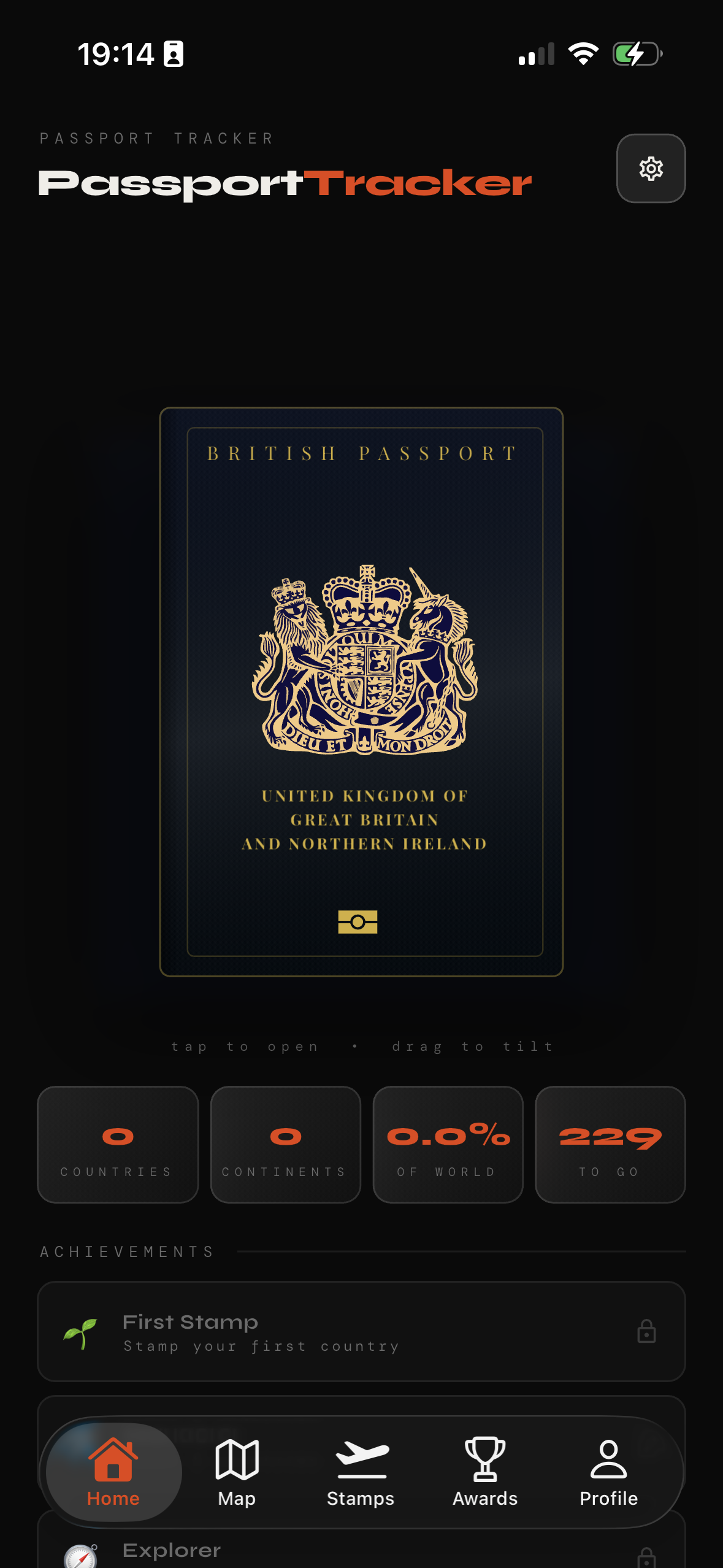 Home screen with closed passport