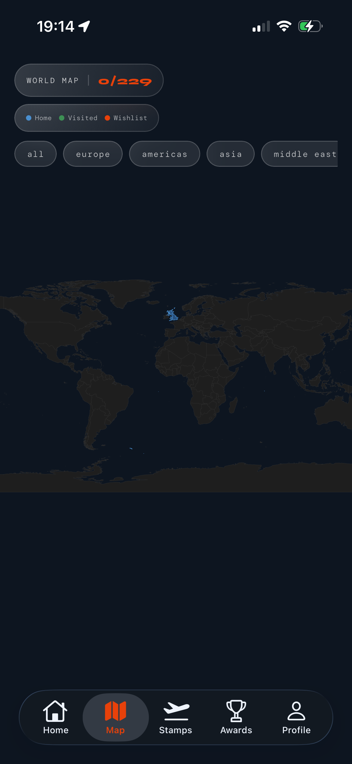 World map with stamped countries